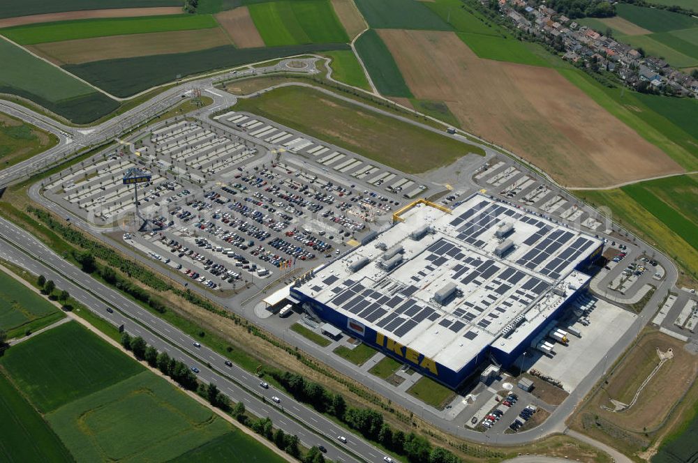 Würzburg from the bird's eye view: Blick auf das IKEA - Einrichtungshaus an der Autobahn A7 / B19 an der Mainfrankenhöhe 2 in 97078 Würzburg. View of the IKEA - furniture store on the highway A7 / B19 in 97078 Würzburg.