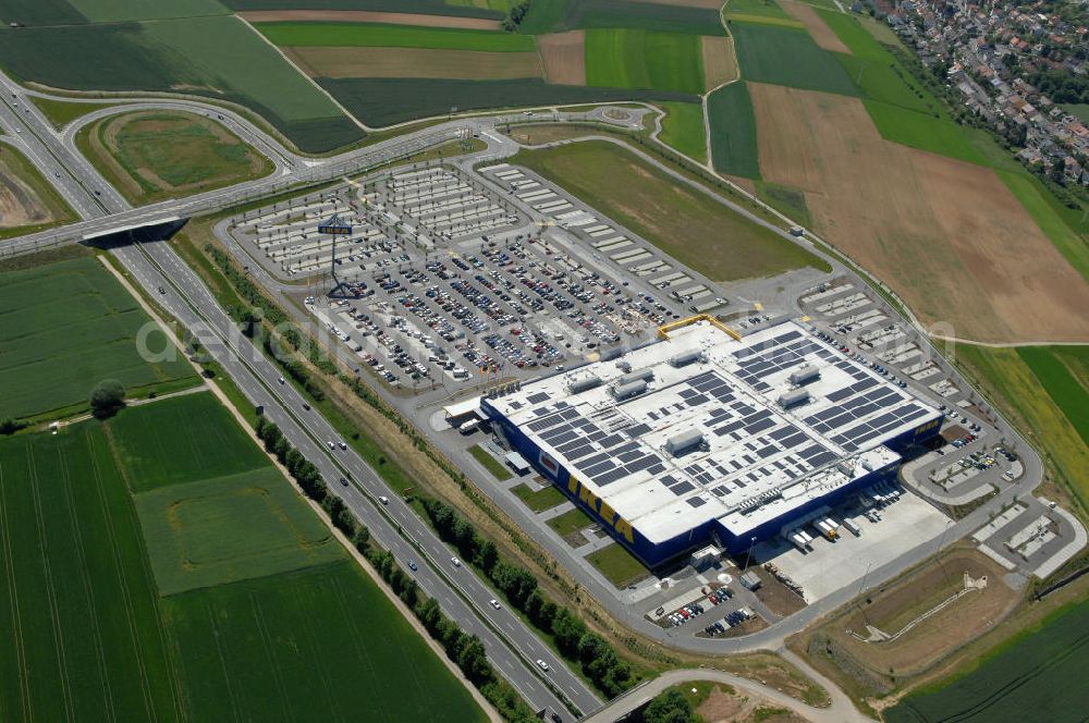 Aerial image Würzburg - Blick auf das IKEA - Einrichtungshaus an der Autobahn A7 / B19 an der Mainfrankenhöhe 2 in 97078 Würzburg. View of the IKEA - furniture store on the highway A7 / B19 in 97078 Würzburg.