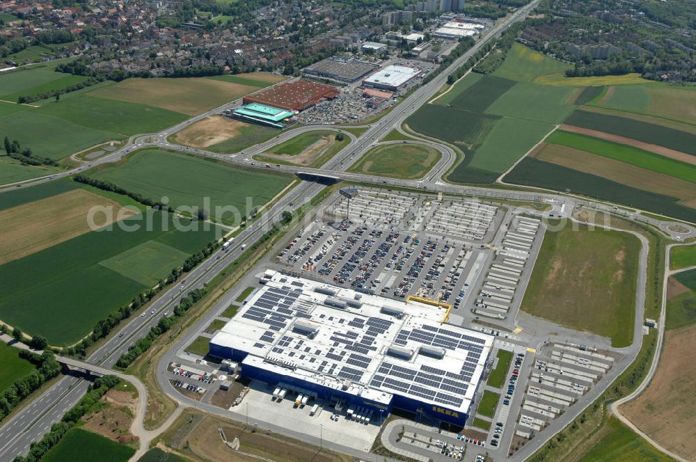 Aerial photograph Würzburg - Blick auf das IKEA - Einrichtungshaus an der Autobahn A7 / B19 an der Mainfrankenhöhe 2 in 97078 Würzburg. View of the IKEA - furniture store on the highway A7 / B19 in 97078 Würzburg.