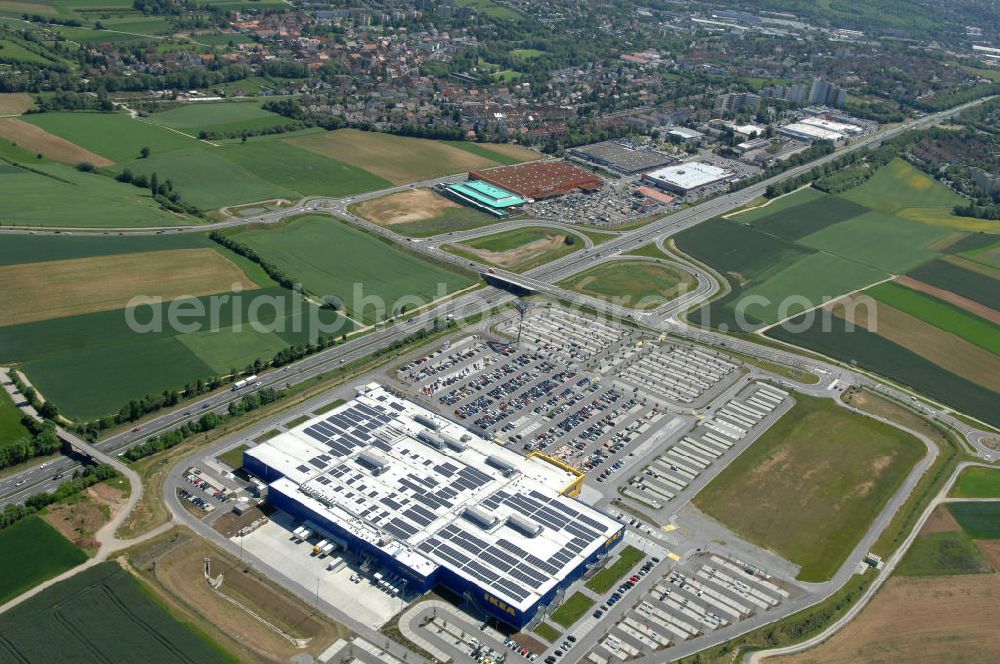 Würzburg from above - Blick auf das IKEA - Einrichtungshaus an der Autobahn A7 / B19 an der Mainfrankenhöhe 2 in 97078 Würzburg. View of the IKEA - furniture store on the highway A7 / B19 in 97078 Würzburg.