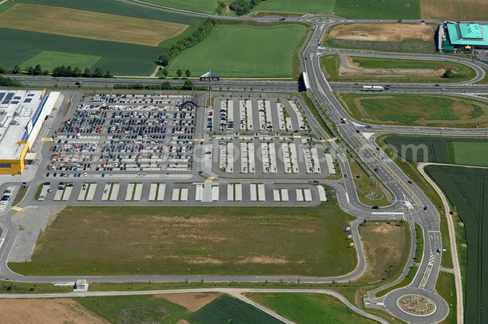 Würzburg from above - Blick auf das IKEA - Einrichtungshaus an der Autobahn A7 / B19 an der Mainfrankenhöhe 2 in 97078 Würzburg. View of the IKEA - furniture store on the highway A7 / B19 in 97078 Würzburg.