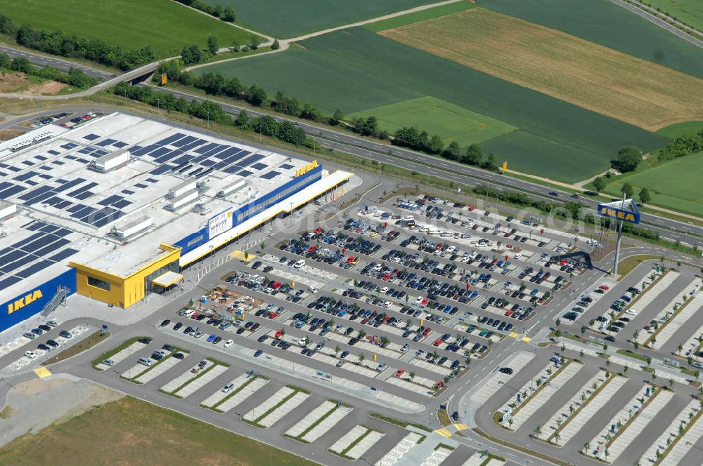 Würzburg from the bird's eye view: Blick auf das IKEA - Einrichtungshaus an der Autobahn A7 / B19 an der Mainfrankenhöhe 2 in 97078 Würzburg. View of the IKEA - furniture store on the highway A7 / B19 in 97078 Würzburg.