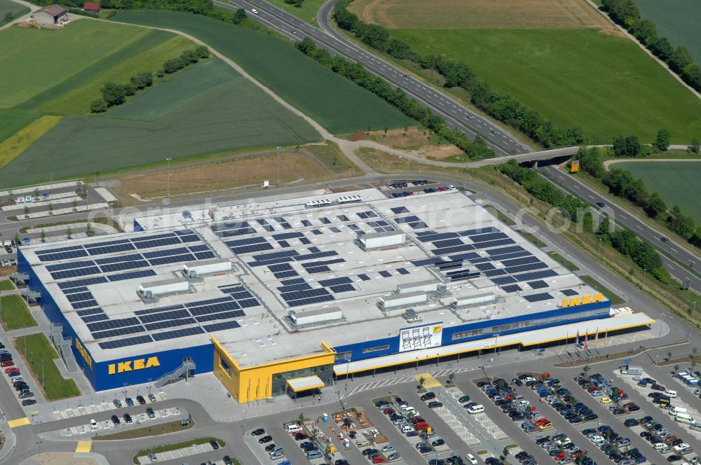 Aerial image Würzburg - Blick auf das IKEA - Einrichtungshaus an der Autobahn A7 / B19 an der Mainfrankenhöhe 2 in 97078 Würzburg. View of the IKEA - furniture store on the highway A7 / B19 in 97078 Würzburg.