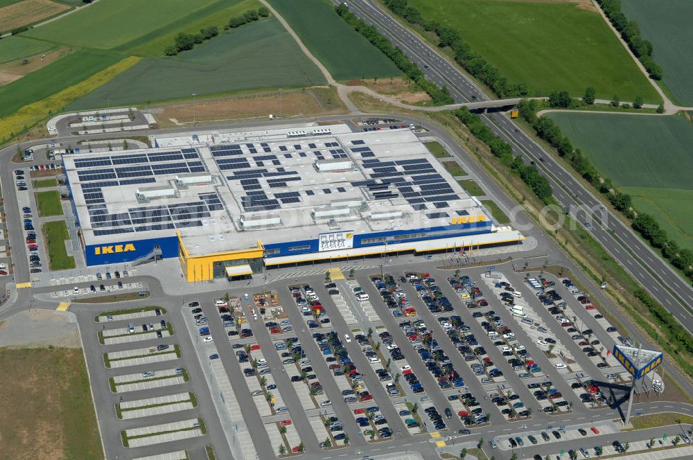 Aerial photograph Würzburg - Blick auf das IKEA - Einrichtungshaus an der Autobahn A7 / B19 an der Mainfrankenhöhe 2 in 97078 Würzburg. View of the IKEA - furniture store on the highway A7 / B19 in 97078 Würzburg.