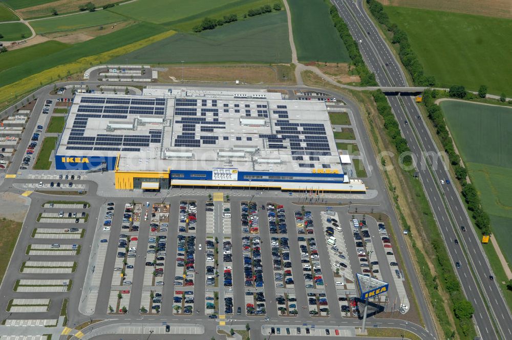 Würzburg from above - Blick auf das IKEA - Einrichtungshaus an der Autobahn A7 / B19 an der Mainfrankenhöhe 2 in 97078 Würzburg. View of the IKEA - furniture store on the highway A7 / B19 in 97078 Würzburg.