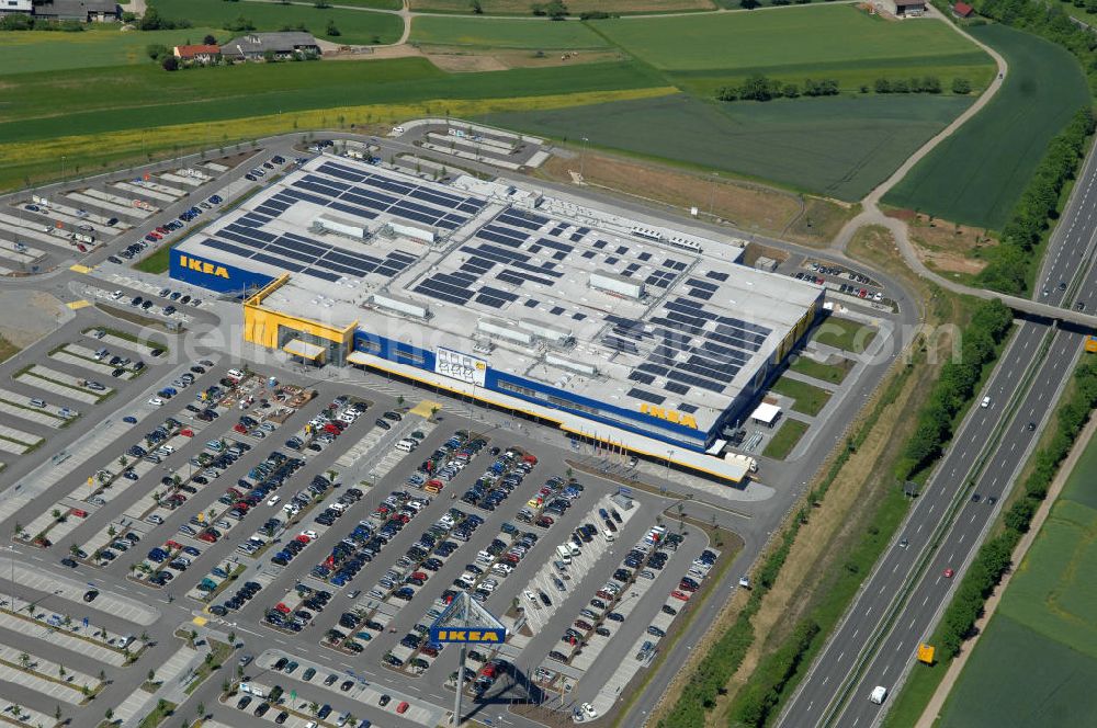 Würzburg from the bird's eye view: Blick auf das IKEA - Einrichtungshaus an der Autobahn A7 / B19 an der Mainfrankenhöhe 2 in 97078 Würzburg. View of the IKEA - furniture store on the highway A7 / B19 in 97078 Würzburg.