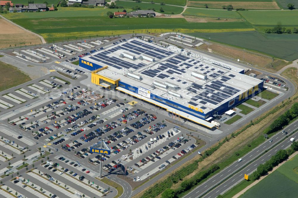 Aerial image Würzburg - Blick auf das IKEA - Einrichtungshaus an der Autobahn A7 / B19 an der Mainfrankenhöhe 2 in 97078 Würzburg. View of the IKEA - furniture store on the highway A7 / B19 in 97078 Würzburg.