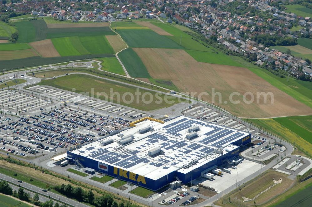 Aerial photograph Würzburg - Blick auf das IKEA - Einrichtungshaus an der Autobahn A7 / B19 an der Mainfrankenhöhe 2 in 97078 Würzburg. View of the IKEA - furniture store on the highway A7 / B19 in 97078 Würzburg.