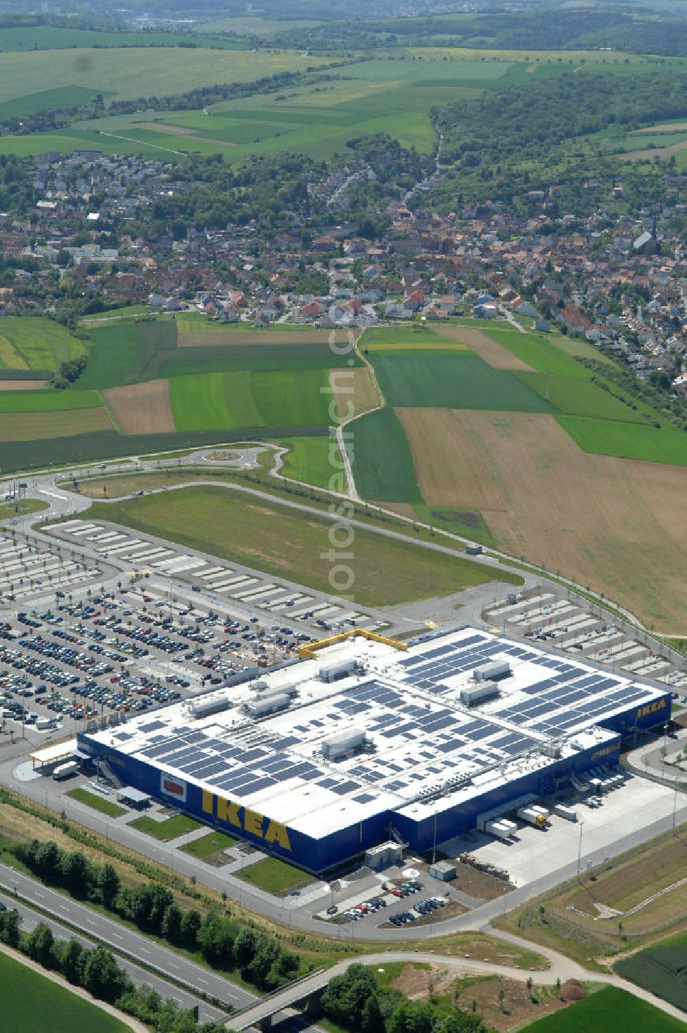 Würzburg from above - Blick auf das IKEA - Einrichtungshaus an der Autobahn A7 / B19 an der Mainfrankenhöhe 2 in 97078 Würzburg. View of the IKEA - furniture store on the highway A7 / B19 in 97078 Würzburg.