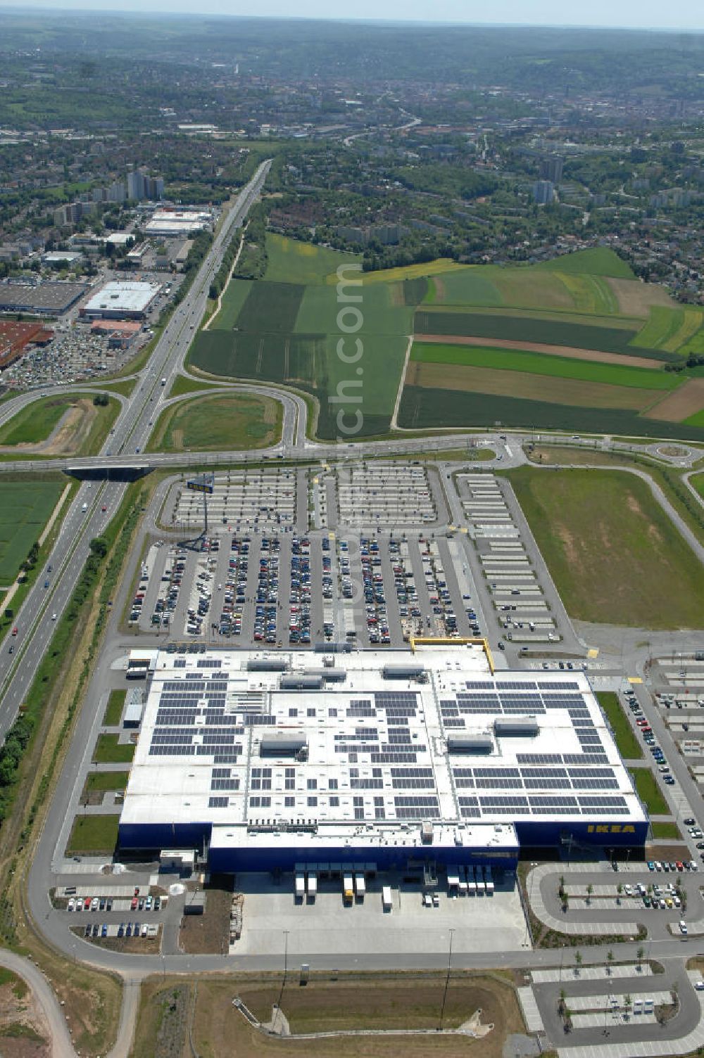 Aerial image Würzburg - Blick auf das IKEA - Einrichtungshaus an der Autobahn A7 / B19 an der Mainfrankenhöhe 2 in 97078 Würzburg. View of the IKEA - furniture store on the highway A7 / B19 in 97078 Würzburg.