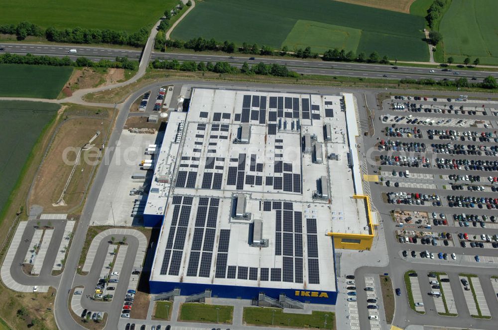 Würzburg from above - Blick auf das IKEA - Einrichtungshaus an der Autobahn A7 / B19 an der Mainfrankenhöhe 2 in 97078 Würzburg. View of the IKEA - furniture store on the highway A7 / B19 in 97078 Würzburg.