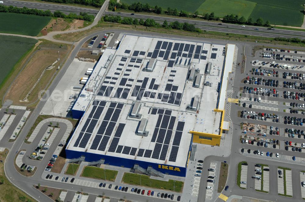 Würzburg from the bird's eye view: Blick auf das IKEA - Einrichtungshaus an der Autobahn A7 / B19 an der Mainfrankenhöhe 2 in 97078 Würzburg. View of the IKEA - furniture store on the highway A7 / B19 in 97078 Würzburg.