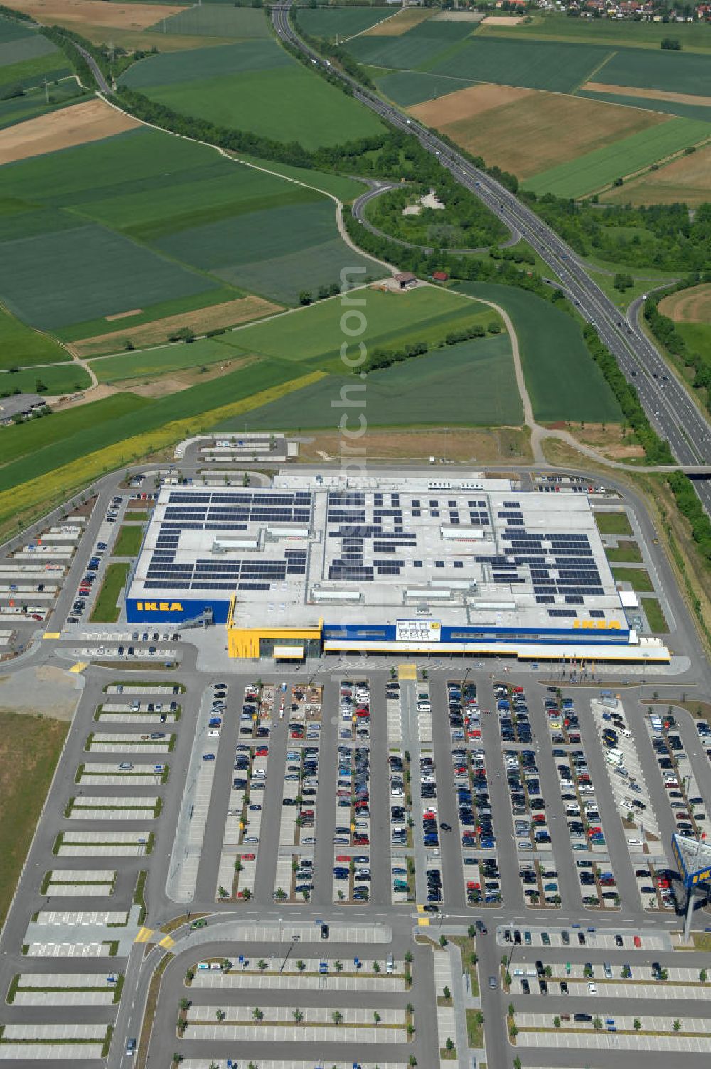 Aerial image Würzburg - Blick auf das IKEA - Einrichtungshaus an der Autobahn A7 / B19 an der Mainfrankenhöhe 2 in 97078 Würzburg. View of the IKEA - furniture store on the highway A7 / B19 in 97078 Würzburg.