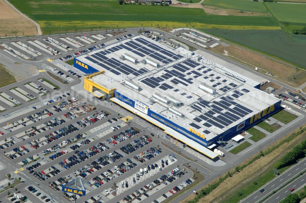 Würzburg from above - Blick auf das IKEA - Einrichtungshaus an der Autobahn A7 / B19 an der Mainfrankenhöhe 2 in 97078 Würzburg. View of the IKEA - furniture store on the highway A7 / B19 in 97078 Würzburg.