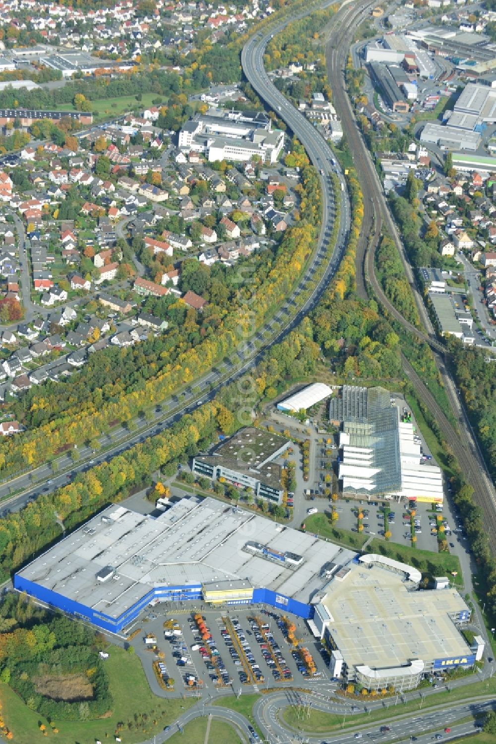 Bielefeld from the bird's eye view: Seat of the international home products company IKEA on Südring in Bielefeld in North Rhine-Westphalia