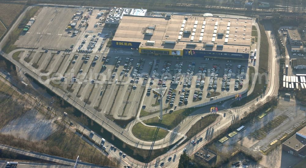 Duisburg from the bird's eye view: IKEA store in Duisburg in Nordrhein-Westfahlen. IKEA is a multinational furniture retailer