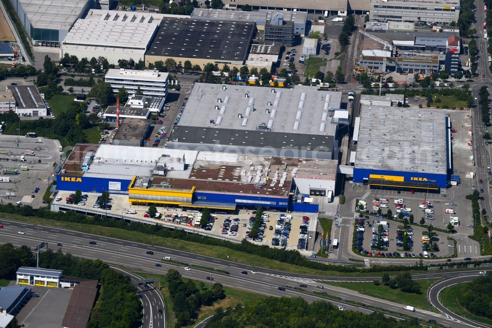 Ludwigsburg from the bird's eye view: Building of the store - furniture market IKEA Moebel & Einrichtungshaus Ludwigsburg on Heinkelstrasse in Ludwigsburg in the state Baden-Wurttemberg, Germany