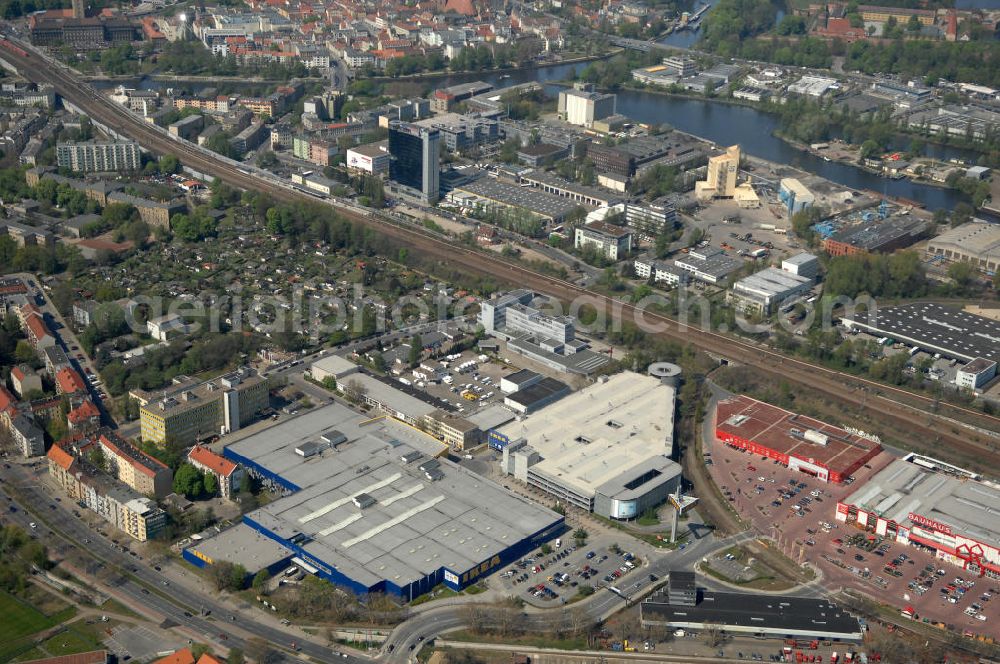 Berlin from above - Blick auf das IKEA Einrichtungshaus im Gewerbegebiet in Berlin-Spandau. View of the furniture store IKEA in Berlin-Spandau.