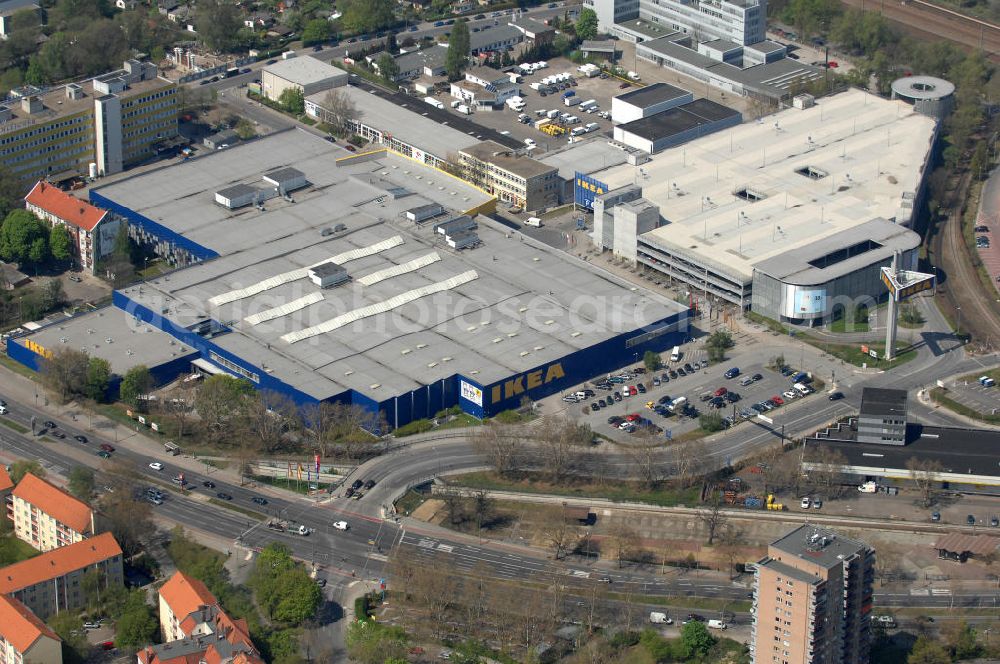 Berlin from above - Blick auf das IKEA Einrichtungshaus im Gewerbegebiet in Berlin-Spandau. View of the furniture store IKEA in Berlin-Spandau.