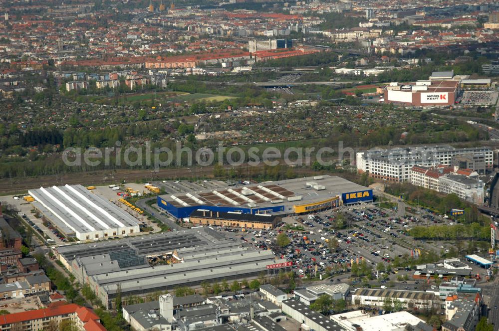 Berlin from above - Blick auf das IKEA Einrichtungshaus im Gewerbegebiet in Berlin-Tempelhof. View of the furniture store IKEA in Berlin-Tempelhof.