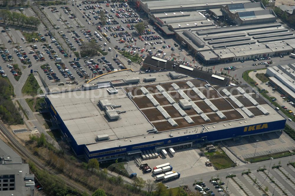 Berlin from above - Blick auf das IKEA Einrichtungshaus im Gewerbegebiet in Berlin-Tempelhof. View of the furniture store IKEA in Berlin-Tempelhof.