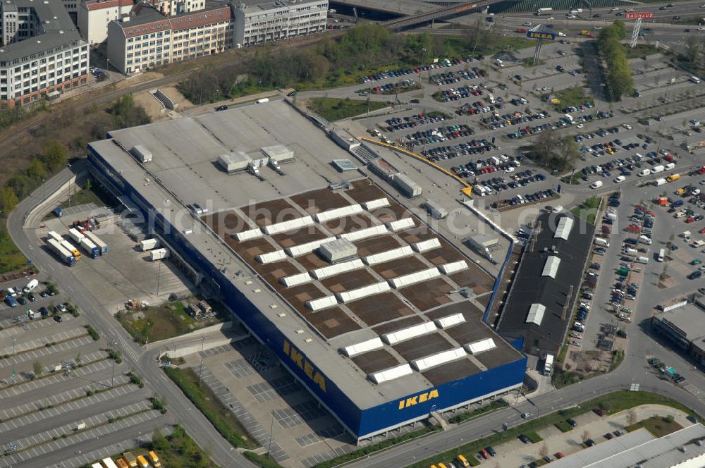 Aerial image Berlin - Blick auf das IKEA Einrichtungshaus im Gewerbegebiet in Berlin-Tempelhof. View of the furniture store IKEA in Berlin-Tempelhof.