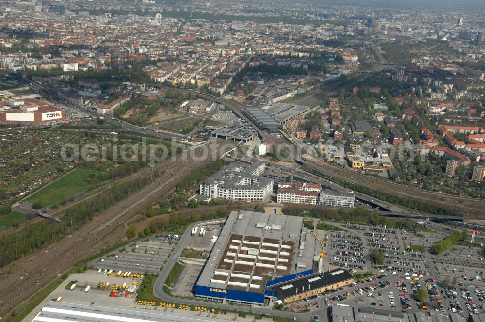 Berlin from above - Blick auf das IKEA Einrichtungshaus im Gewerbegebiet in Berlin-Tempelhof. View of the furniture store IKEA in Berlin-Tempelhof.