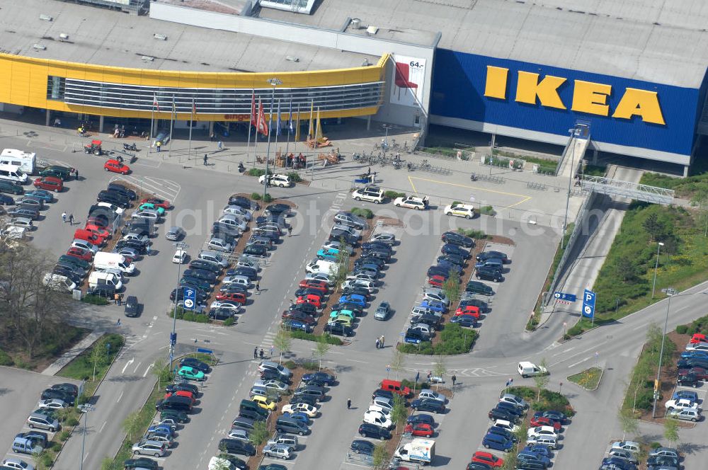 Berlin from above - Blick auf das IKEA Einrichtungshaus im Gewerbegebiet in Berlin-Tempelhof. View of the furniture store IKEA in Berlin-Tempelhof.