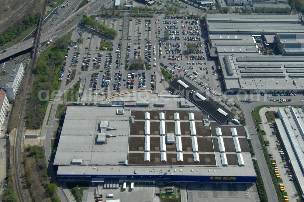 Berlin from above - Blick auf das IKEA Einrichtungshaus im Gewerbegebiet in Berlin-Tempelhof. View of the furniture store IKEA in Berlin-Tempelhof.