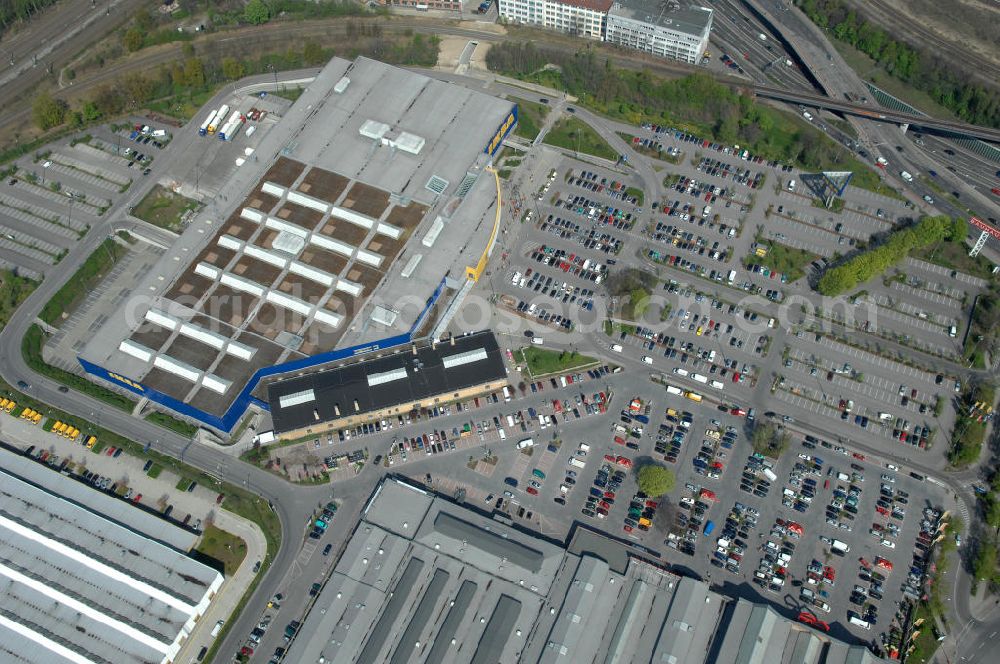 Berlin from above - Blick auf das IKEA Einrichtungshaus im Gewerbegebiet in Berlin-Tempelhof. View of the furniture store IKEA in Berlin-Tempelhof.