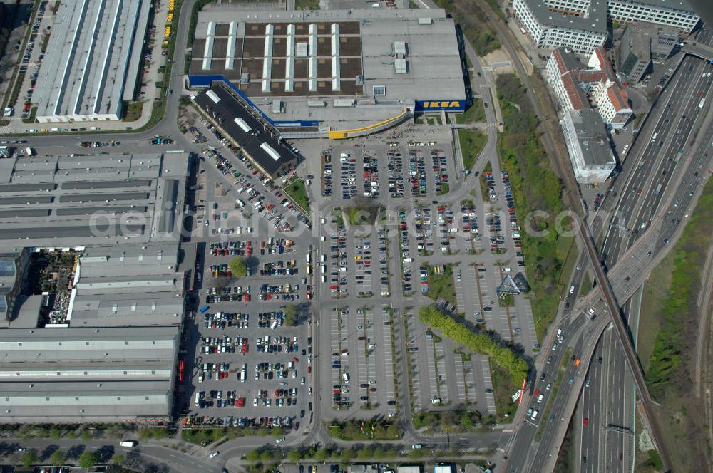 Aerial image Berlin - Blick auf das IKEA Einrichtungshaus im Gewerbegebiet in Berlin-Tempelhof. View of the furniture store IKEA in Berlin-Tempelhof.