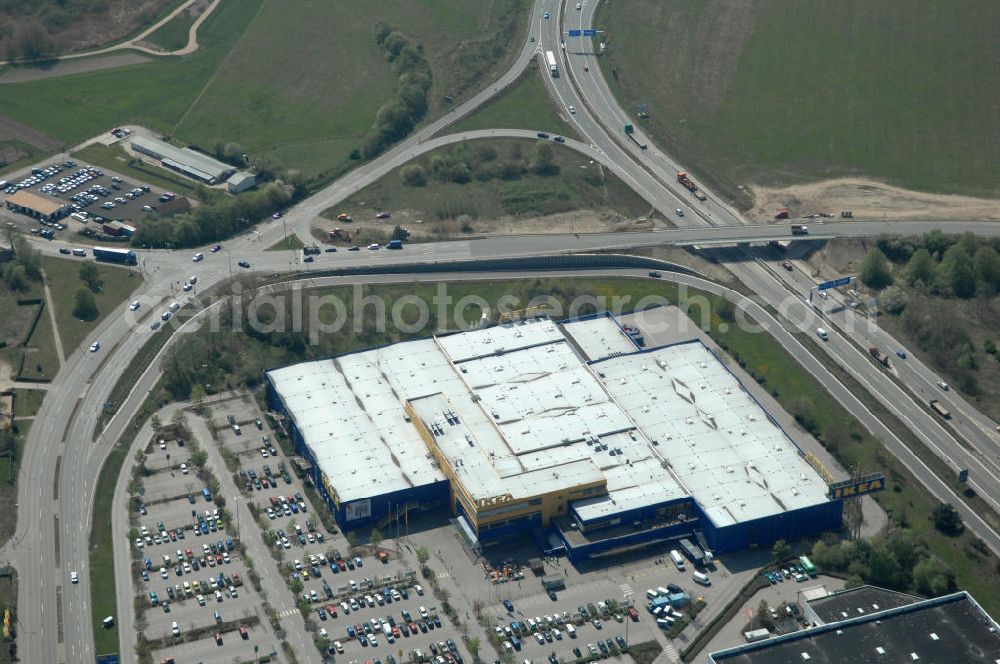 Aerial image Waltersdorf - Blick auf das IKEA Einrichtungshaus im Gewerbegebiet Airport Center Waltersdorf in Berlin-Waltersdorf. View of the furniture store IKEA in Berlin-Waltersdorf.