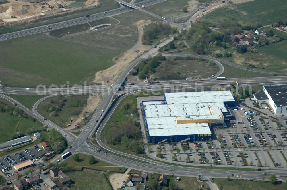 Waltersdorf from above - Blick auf das IKEA Einrichtungshaus im Gewerbegebiet Airport Center Waltersdorf in Berlin-Waltersdorf. View of the furniture store IKEA in Berlin-Waltersdorf.