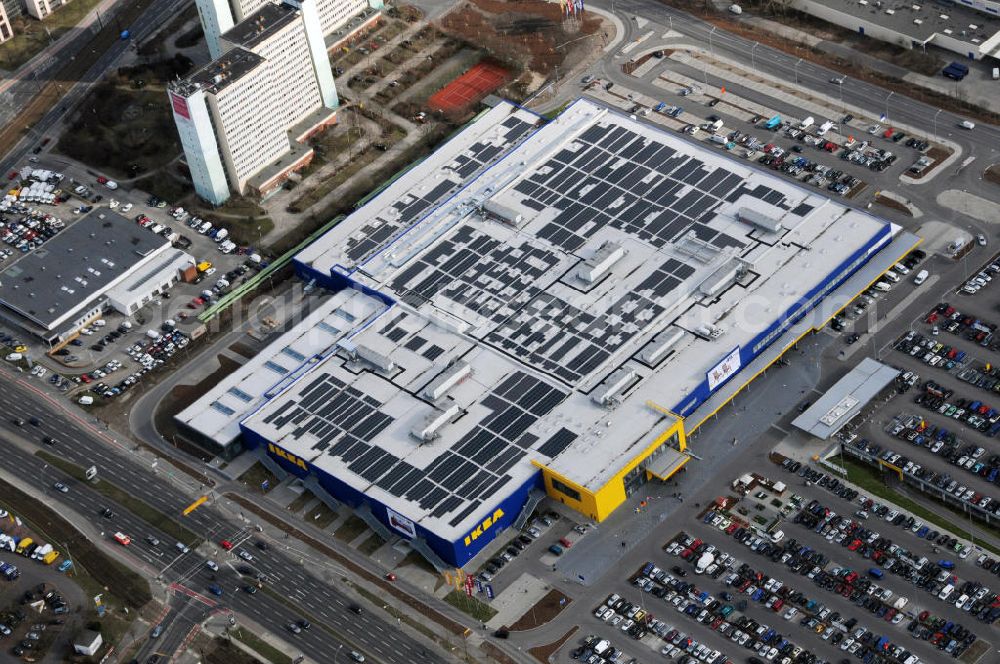 Aerial image Berlin-Lichtenberg - IKEA-Neubau Berlin Lichtenberg an der Landsberger Allee , dem zweitgrößte Ikea-Standort in Europa mit 22 000 Quadratmetern und zugleich dem dritten Berliner Einrichtungshaus. View of the IKEA store area in Berlin Lichtenberg. It is the third furniture store in Berlin.