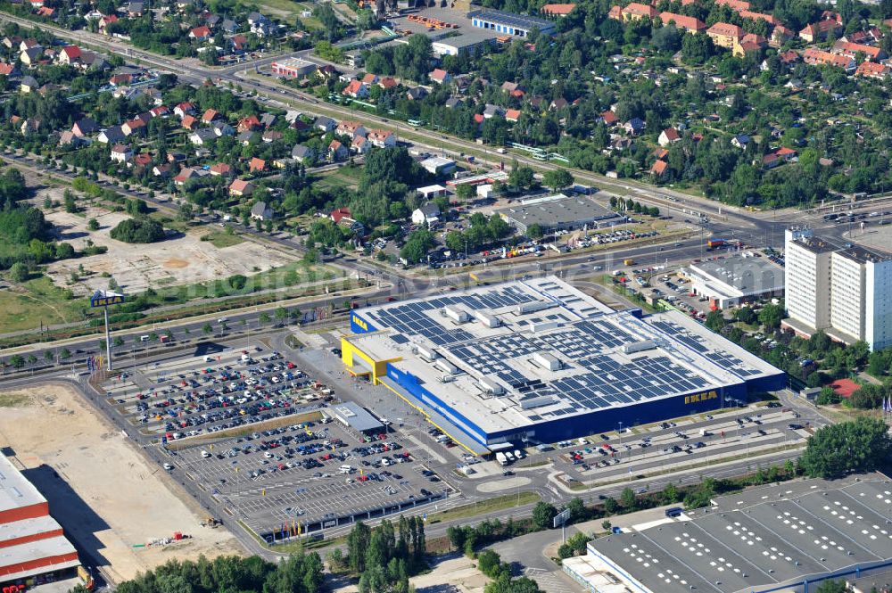 Berlin Lichtenberg from above - IKEA-Neubau Berlin Lichtenberg an der Landsberger Allee , dem zweitgrößte Ikea-Standort in Europa mit 22 000 Quadratmetern und zugleich dem dritten Berliner Einrichtungshaus. View of the IKEA store area in Berlin Lichtenberg. It is the third furniture store in Berlin.