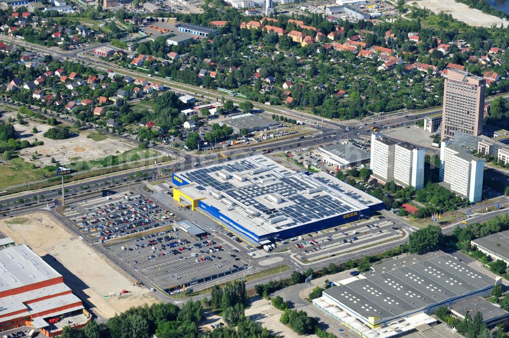 Aerial photograph Berlin Lichtenberg - IKEA-Neubau Berlin Lichtenberg an der Landsberger Allee , dem zweitgrößte Ikea-Standort in Europa mit 22 000 Quadratmetern und zugleich dem dritten Berliner Einrichtungshaus. View of the IKEA store area in Berlin Lichtenberg. It is the third furniture store in Berlin.