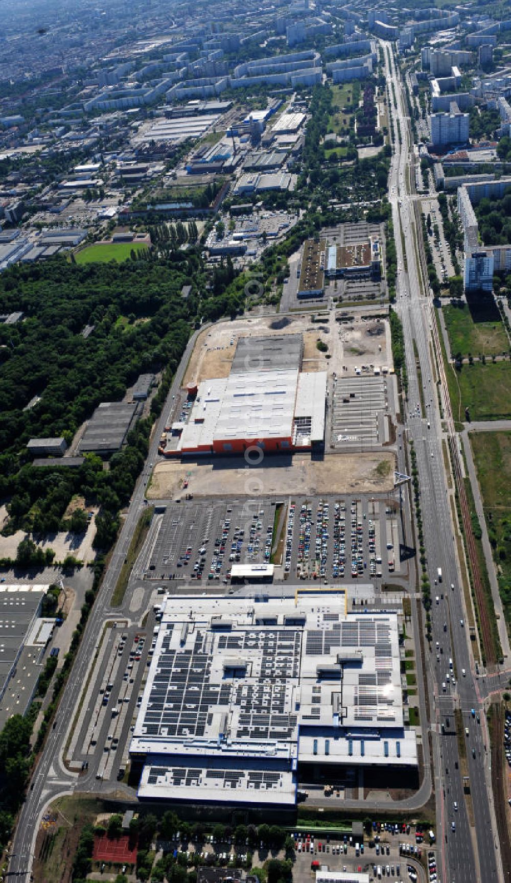 Aerial image Berlin Lichtenberg - IKEA-Neubau Berlin Lichtenberg an der Landsberger Allee , dem zweitgrößte Ikea-Standort in Europa mit 22 000 Quadratmetern und zugleich dem dritten Berliner Einrichtungshaus. View of the IKEA store area in Berlin Lichtenberg. It is the third furniture store in Berlin.