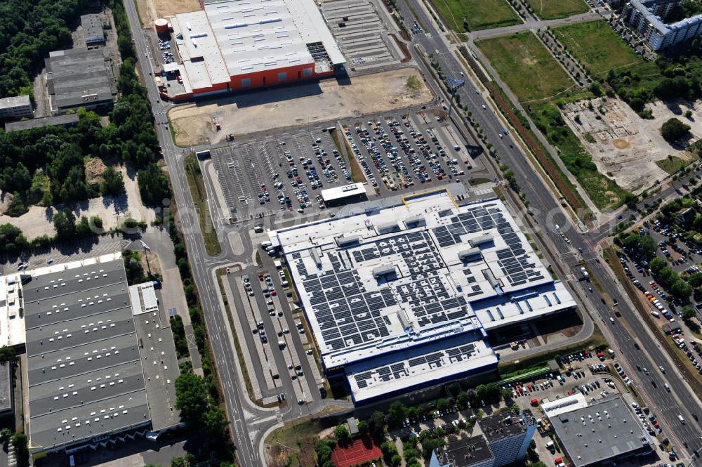 Aerial photograph Berlin Lichtenberg - IKEA-Neubau Berlin Lichtenberg an der Landsberger Allee , dem zweitgrößte Ikea-Standort in Europa mit 22 000 Quadratmetern und zugleich dem dritten Berliner Einrichtungshaus. View of the IKEA store area in Berlin Lichtenberg. It is the third furniture store in Berlin.