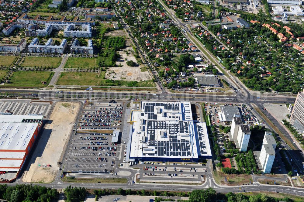 Berlin Lichtenberg from above - IKEA-Neubau Berlin Lichtenberg an der Landsberger Allee , dem zweitgrößte Ikea-Standort in Europa mit 22 000 Quadratmetern und zugleich dem dritten Berliner Einrichtungshaus. View of the IKEA store area in Berlin Lichtenberg. It is the third furniture store in Berlin.