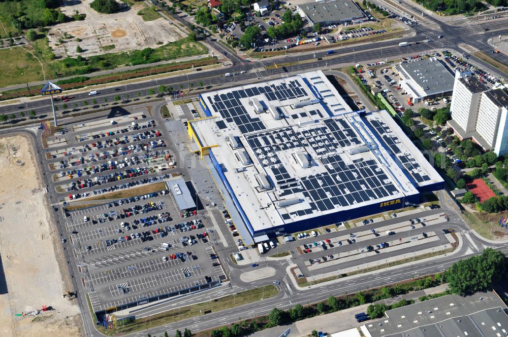 Aerial image Berlin Lichtenberg - IKEA-Neubau Berlin Lichtenberg an der Landsberger Allee , dem zweitgrößte Ikea-Standort in Europa mit 22 000 Quadratmetern und zugleich dem dritten Berliner Einrichtungshaus. View of the IKEA store area in Berlin Lichtenberg. It is the third furniture store in Berlin.