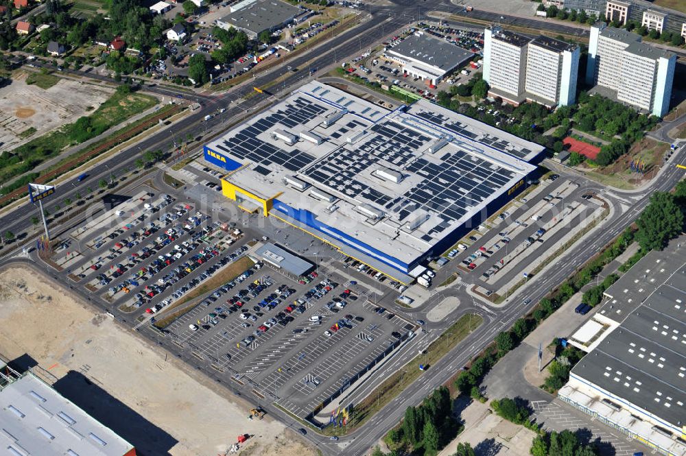 Berlin Lichtenberg from above - IKEA-Neubau Berlin Lichtenberg an der Landsberger Allee , dem zweitgrößte Ikea-Standort in Europa mit 22 000 Quadratmetern und zugleich dem dritten Berliner Einrichtungshaus. View of the IKEA store area in Berlin Lichtenberg. It is the third furniture store in Berlin.