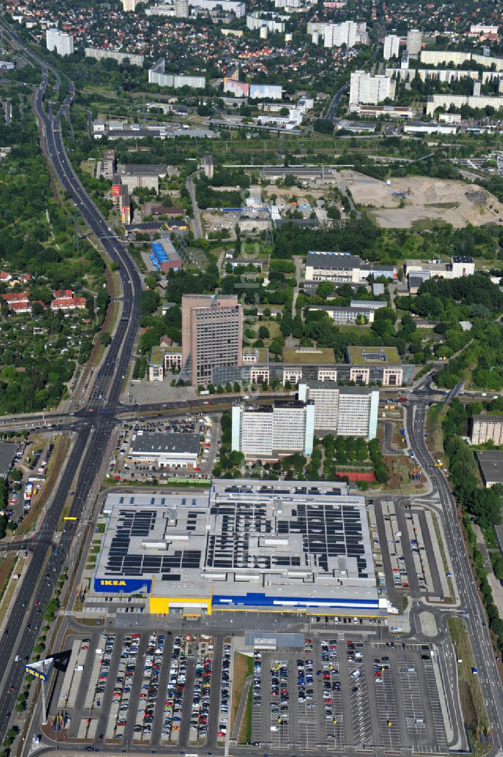 Aerial image Berlin Lichtenberg - IKEA-Neubau Berlin Lichtenberg an der Landsberger Allee , dem zweitgrößte Ikea-Standort in Europa mit 22 000 Quadratmetern und zugleich dem dritten Berliner Einrichtungshaus. View of the IKEA store area in Berlin Lichtenberg. It is the third furniture store in Berlin.