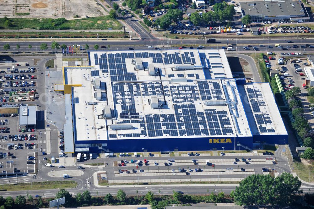 Aerial image Berlin Lichtenberg - IKEA-Neubau Berlin Lichtenberg an der Landsberger Allee , dem zweitgrößte Ikea-Standort in Europa mit 22 000 Quadratmetern und zugleich dem dritten Berliner Einrichtungshaus. View of the IKEA store area in Berlin Lichtenberg. It is the third furniture store in Berlin.