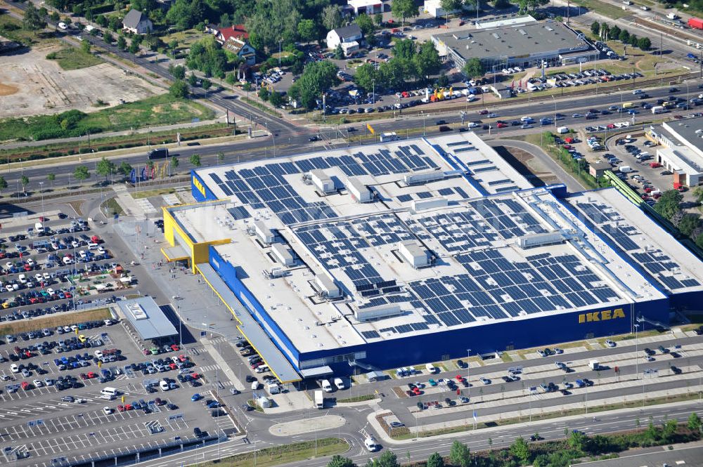 Aerial photograph Berlin Lichtenberg - IKEA-Neubau Berlin Lichtenberg an der Landsberger Allee , dem zweitgrößte Ikea-Standort in Europa mit 22 000 Quadratmetern und zugleich dem dritten Berliner Einrichtungshaus. View of the IKEA store area in Berlin Lichtenberg. It is the third furniture store in Berlin.