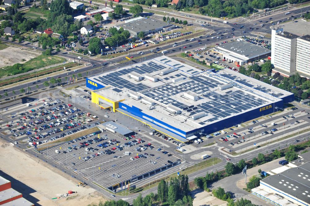 Berlin Lichtenberg from above - IKEA-Neubau Berlin Lichtenberg an der Landsberger Allee , dem zweitgrößte Ikea-Standort in Europa mit 22 000 Quadratmetern und zugleich dem dritten Berliner Einrichtungshaus. View of the IKEA store area in Berlin Lichtenberg. It is the third furniture store in Berlin.