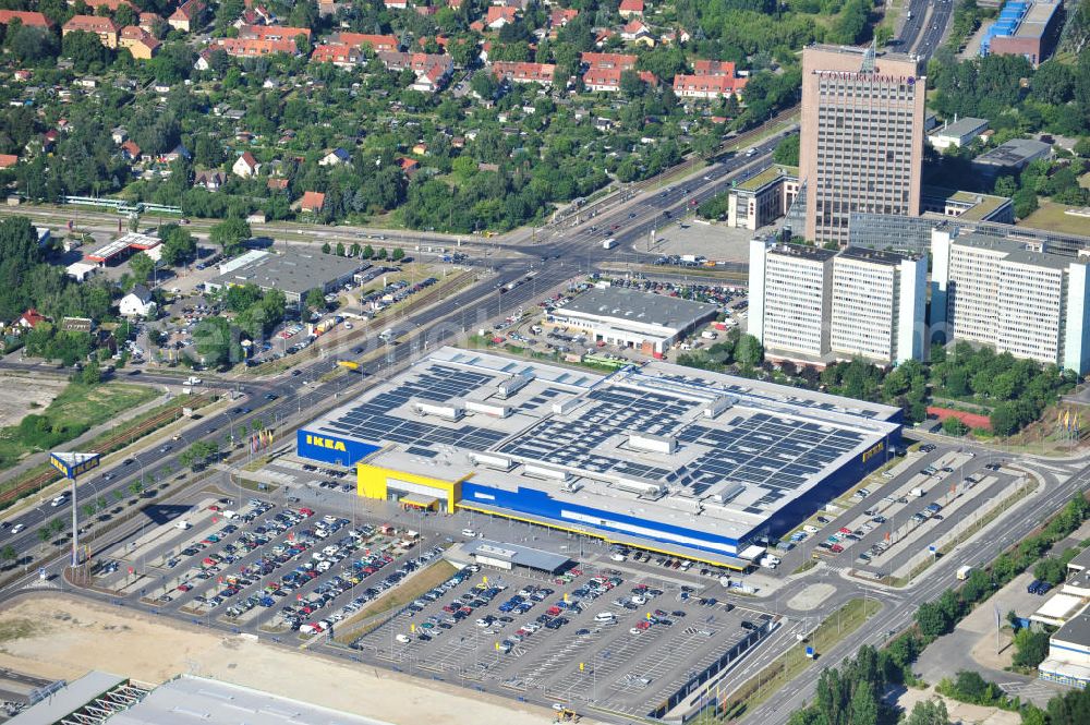 Aerial image Berlin Lichtenberg - IKEA-Neubau Berlin Lichtenberg an der Landsberger Allee , dem zweitgrößte Ikea-Standort in Europa mit 22 000 Quadratmetern und zugleich dem dritten Berliner Einrichtungshaus. View of the IKEA store area in Berlin Lichtenberg. It is the third furniture store in Berlin.