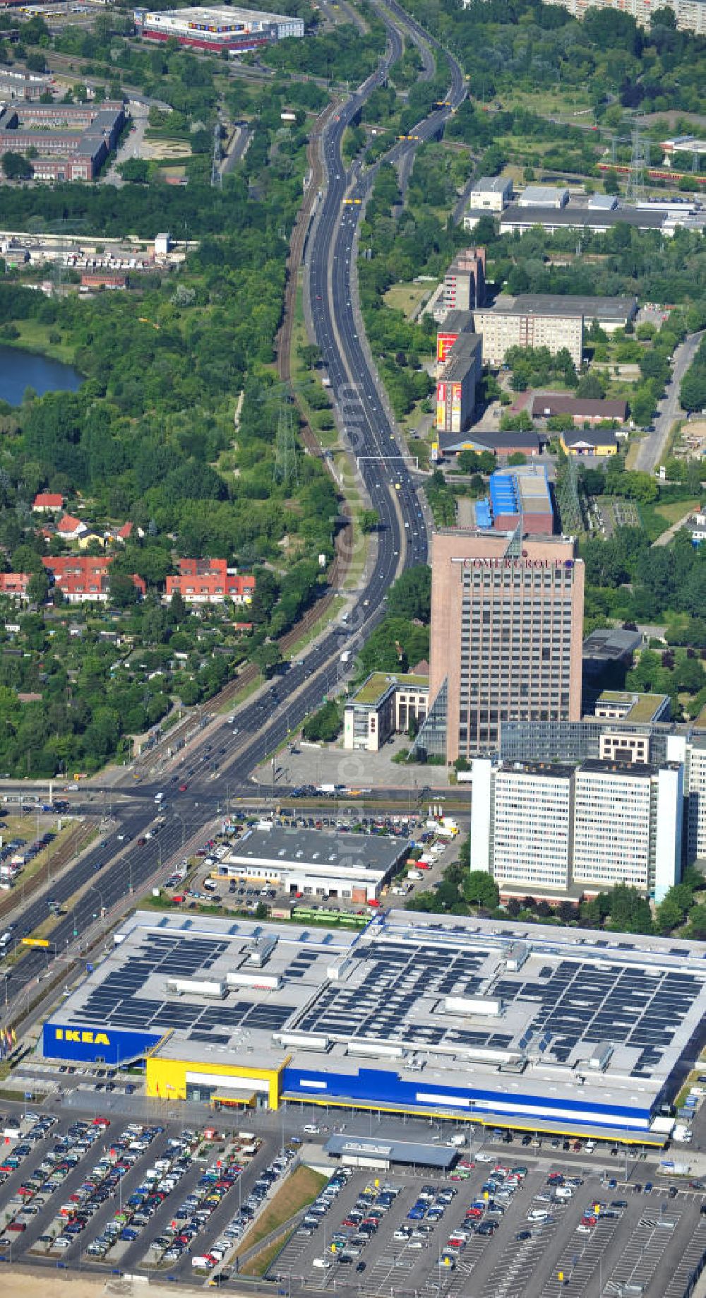 Aerial photograph Berlin Lichtenberg - IKEA-Neubau Berlin Lichtenberg an der Landsberger Allee , dem zweitgrößte Ikea-Standort in Europa mit 22 000 Quadratmetern und zugleich dem dritten Berliner Einrichtungshaus. View of the IKEA store area in Berlin Lichtenberg. It is the third furniture store in Berlin.