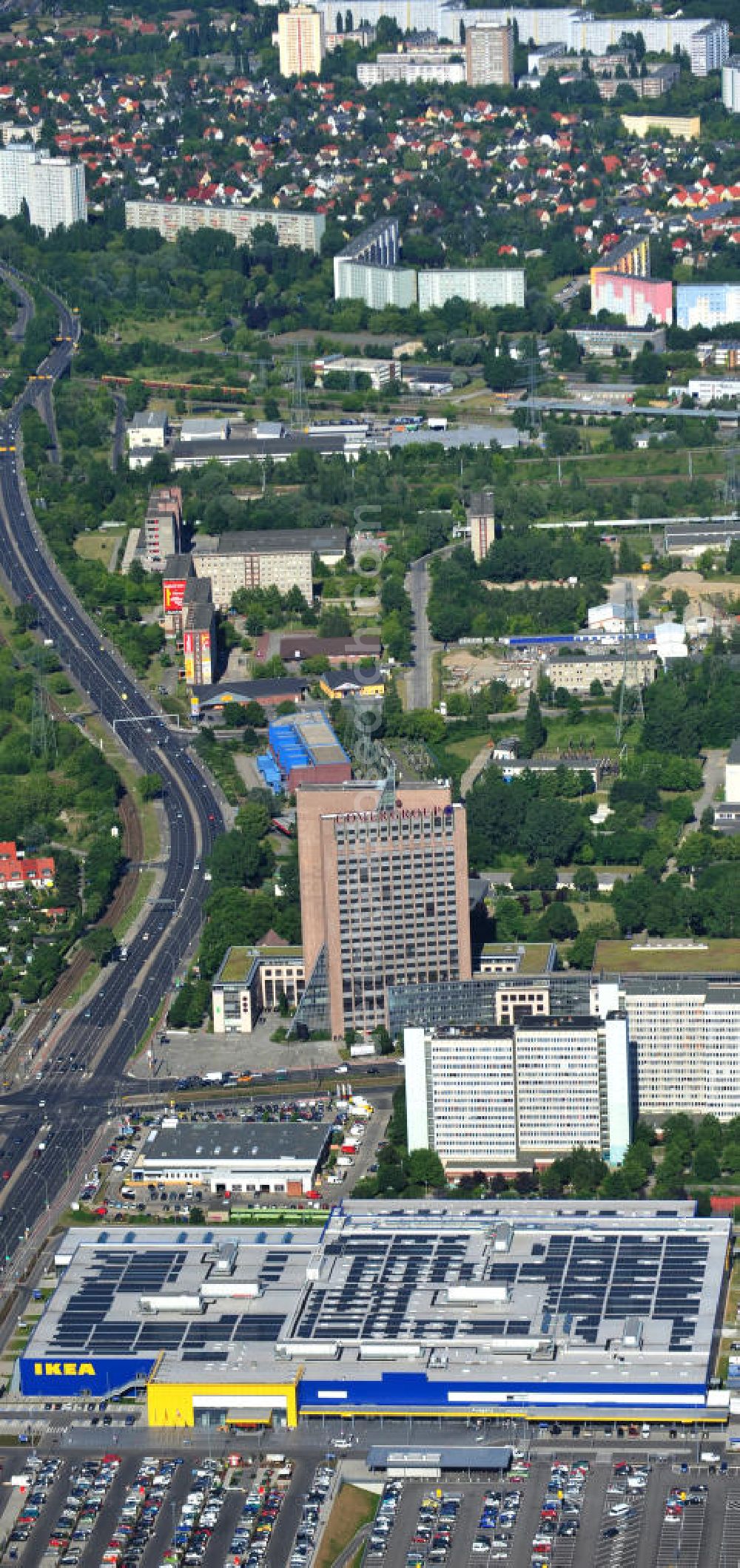 Berlin Lichtenberg from above - IKEA-Neubau Berlin Lichtenberg an der Landsberger Allee , dem zweitgrößte Ikea-Standort in Europa mit 22 000 Quadratmetern und zugleich dem dritten Berliner Einrichtungshaus. View of the IKEA store area in Berlin Lichtenberg. It is the third furniture store in Berlin.