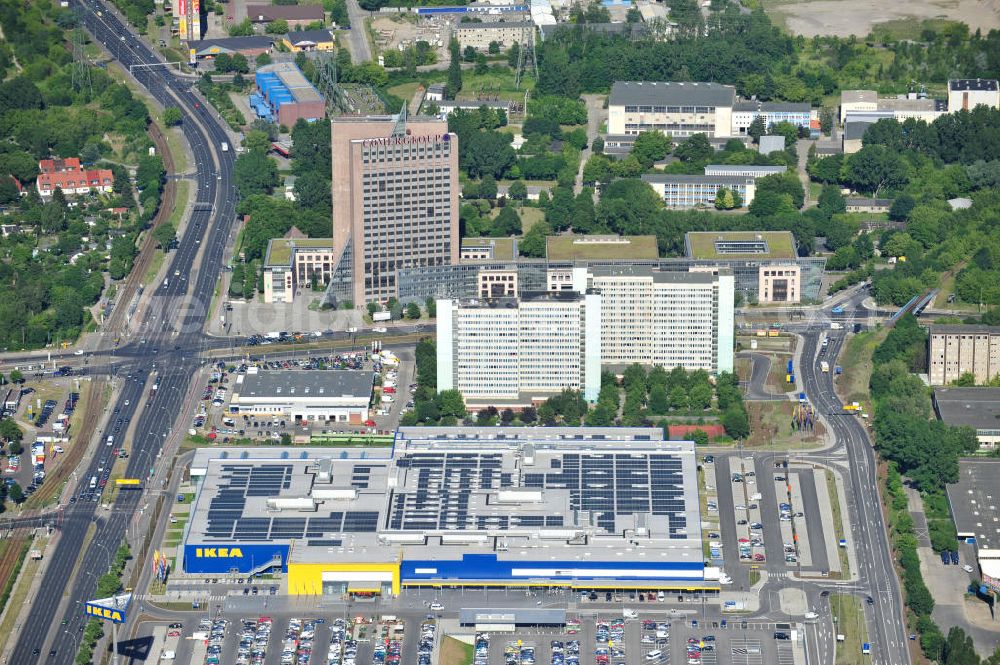 Aerial image Berlin Lichtenberg - IKEA-Neubau Berlin Lichtenberg an der Landsberger Allee , dem zweitgrößte Ikea-Standort in Europa mit 22 000 Quadratmetern und zugleich dem dritten Berliner Einrichtungshaus. View of the IKEA store area in Berlin Lichtenberg. It is the third furniture store in Berlin.