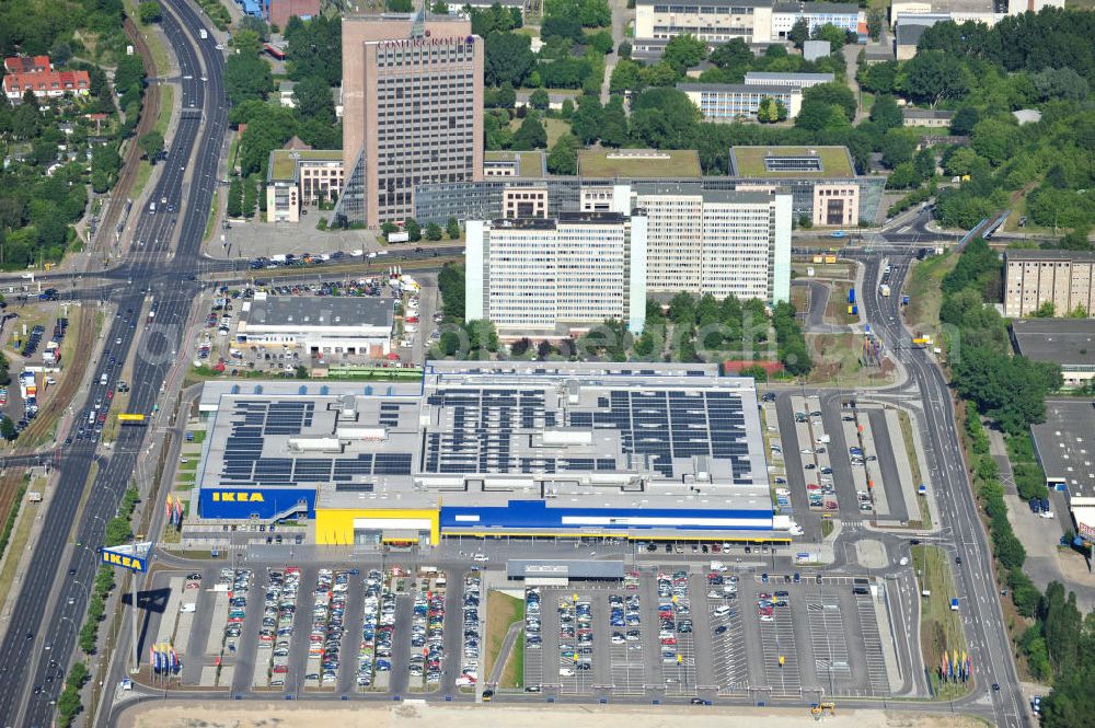 Aerial photograph Berlin Lichtenberg - IKEA-Neubau Berlin Lichtenberg an der Landsberger Allee , dem zweitgrößte Ikea-Standort in Europa mit 22 000 Quadratmetern und zugleich dem dritten Berliner Einrichtungshaus. View of the IKEA store area in Berlin Lichtenberg. It is the third furniture store in Berlin.